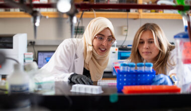 Walaa Kattan and teammate work together in the lab